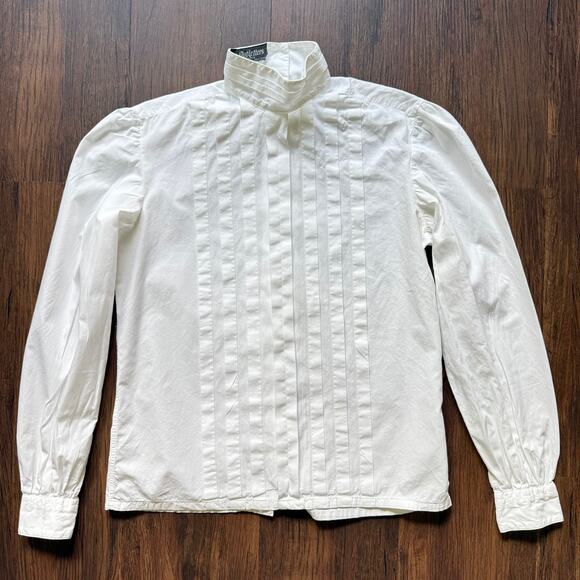Vintage Outletters Victorian Blouse – White Cotton High Neck Button Back - Picture 2 of 6